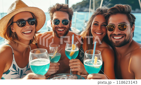 Happy friends having fun And drinking blue Lagoon cocktails at summer party on yacht 118623143