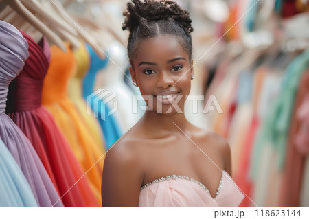 Black young girl chooses prom dress in boutique Black young girl chooses prom dress in boutique 118623144