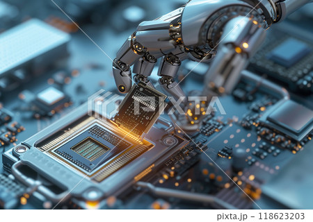 Advanced robotic arm engaged in precision assembly of electronics on a circuit board. Automation in Microchip Manufacturing 118623203