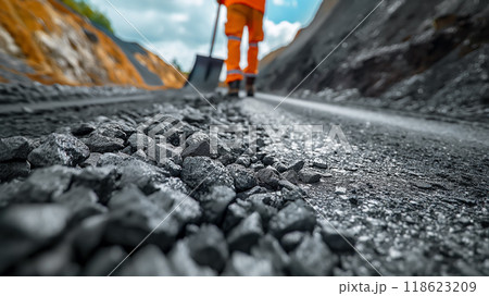 Close-up of a stander's legs and a gravel shovel. Construction and repair of asphalt road surface 118623209