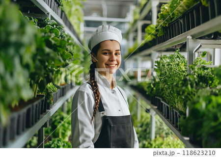 Cheerful female farmer caring for lettuce in a hydroponic indoor farm Cheerful female farmer caring for lettuce in a hydroponic indoor farm 118623210