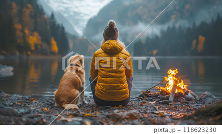 Back view of young woman and dog sitting by campfire on lake shore 118623230