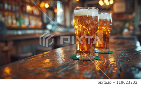 Beer with shamrock decoration, set on wooden bar, embodying festive spirit of St. Patrick's Day celebrations Beer with shamrock decoration, set on wooden bar, embodying festive spirit of St. Patrick's Day celebrations 118623232