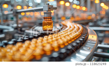 Automated Robotic tablets Line. Pharmaceutical production plant indoors 118623249