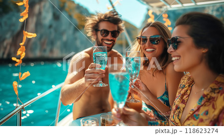 Happy friends having fun And drinking blue Lagoon cocktails at summer party on yacht 118623274