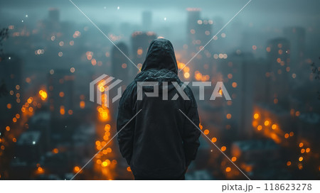 Faceless man from behind in hoodie looks at night city from roof of skyscraper Faceless man from behind in hoodie looks at night city from roof of skyscraper 118623278