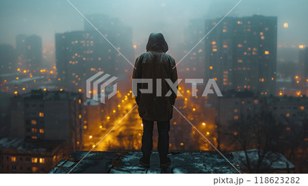 Faceless man from behind in hoodie looks at night city from roof of skyscraper 118623282
