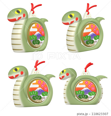 年賀状イラスト素材 干支 巳年 蛇の置物(1)緑 カット四点セット 年賀状イラスト素材 干支 巳年 蛇の置物(1)緑 カット四点セット 118623307