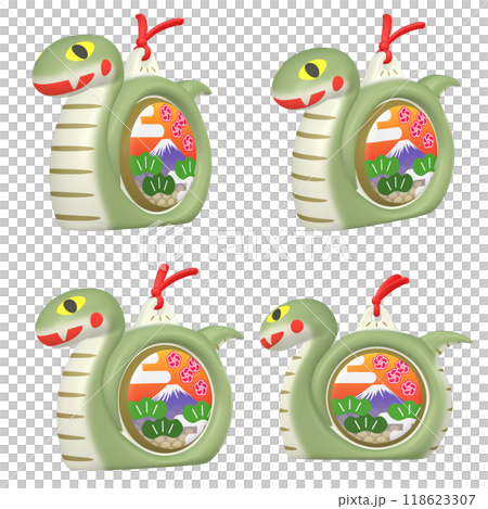 年賀状イラスト素材 干支 巳年 蛇の置物(1)緑 カット四点セット 年賀状イラスト素材 干支 巳年 蛇の置物(1)緑 カット四点セット 118623307