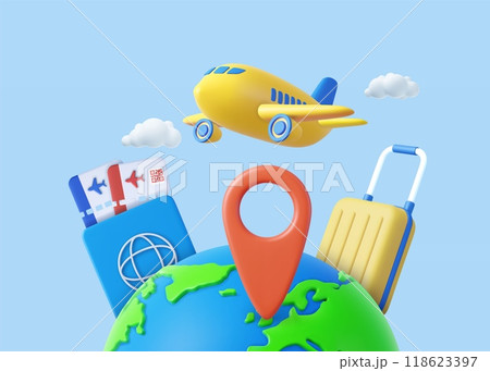 3d Airline Ticket, Travel Bag, Globe and Airplane. 3d Airline Ticket, Travel Bag, Globe and Airplane. 118623397