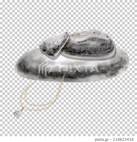 Composition of a gold chain with a diamond pendant on a pyramid of sea stones. Isolated watercolor illustration for the design of glossy magazines, websites, training courses Composition of a gold chain with a diamond pendant on a pyramid of sea stones. Isolated watercolor illustration for the design of glossy magazines, websites, training courses 118623418