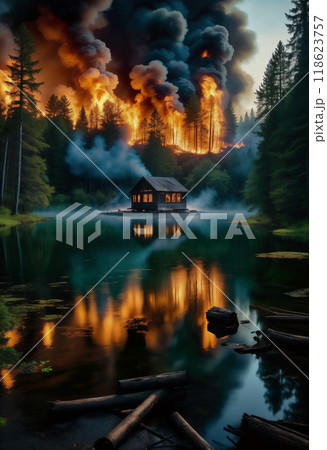 A fire in the forest, where an old wooden house on the shore of a lake or pond is also burning 118623757