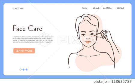 Face care landing page. Cosmetic moisturizing cream. Beauty routine. Website design template. Woman applying moisturizer. Facial skincare procedure. Outline girl head. Vector background 118623787