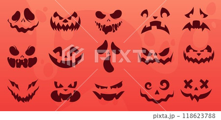 Halloween face. Jack ghost pumpkin eye, scary evil smile. Horror monster mouth and cute angry spooky devil silhouettes set. Vector design isolated elements for autumn holiday celebration decor Halloween face. Jack ghost pumpkin eye, scary evil smile. Horror monster mouth and cute angry spooky devil silhouettes set. Vector design isolated elements for autumn holiday celebration decor 118623788