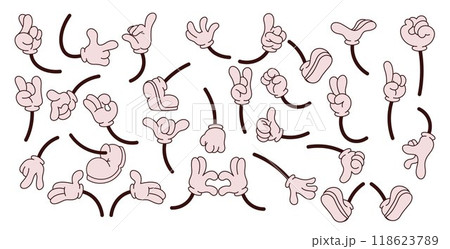 Cartoon arm. Mascot hands. Gesture parts. Gloves and shoes. Comic feet walking or standing. Doodle legs position. Pointing finger. Human body different poses. Vector character limbs set 118623789