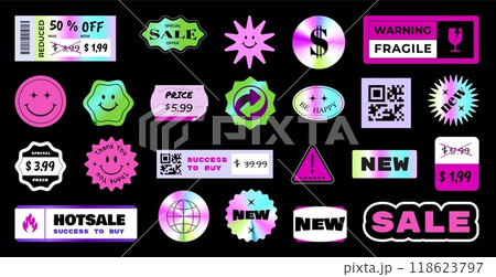 Holo stickers. Y2K emoji. shopping label. Sale price tag. Discount patches. Store offer. Gradient hologram symbols. Promotion marketing pictograms. New shop product. Vector retro icons set 118623797
