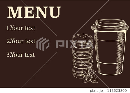 Cafe menu poster. Sweet macaroon. Coffee cup. Sketch food. Dessert pastry. Delicious biscuits. Engraving takeaway mug. Caffeine hot drink. Hand drawn design. Vector restaurant banner Cafe menu poster. Sweet macaroon. Coffee cup. Sketch food. Dessert pastry. Delicious biscuits. Engraving takeaway mug. Caffeine hot drink. Hand drawn design. Vector restaurant banner 118623800