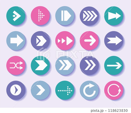 Arrow signs. Next up. Back or right icon for website UI. Cursor button. Left pointer. Previous spot. Webpage signpost. Circle navigation pin. Direction symbol. Vector round pictograms set Arrow signs. Next up. Back or right icon for website UI. Cursor button. Left pointer. Previous spot. Webpage signpost. Circle navigation pin. Direction symbol. Vector round pictograms set 118623830