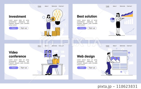 Business landing page. Office video conference. Website design template. Online money investment. Businessman solution. Advertising or eyesight graphic banner. Vector backgrounds set 118623831