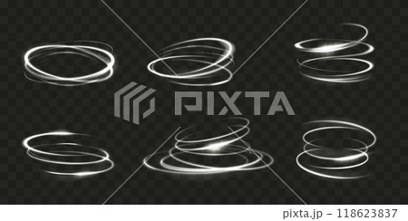 Light swirl. Spin motion effect. White line circle whirlwind. Rings rotation. Circular speed flare. Vortex glow. Tornado twirl with luminous sparkles. Spiral twist. Vector elements set Light swirl. Spin motion effect. White line circle whirlwind. Rings rotation. Circular speed flare. Vortex glow. Tornado twirl with luminous sparkles. Spiral twist. Vector elements set 118623837