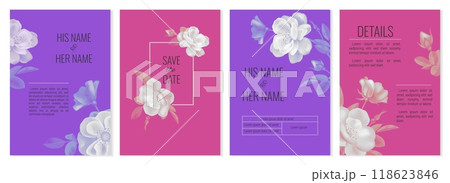 Floral cards. Wedding invitation. Flower design. Greeting marriage poster or cover with bouquet. Rosehip branch. Celebration event. Botanical frames. Vector anniversary postcards set 118623846