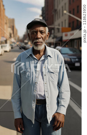 Portrait of a poor or homeless but well-groomed black old man or grandfather with a gray beard and hair wearing a hat or cap and shirt on the streets of a big city 118623950