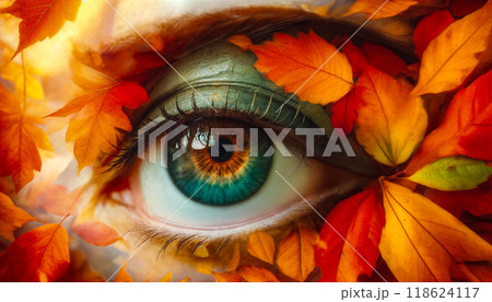 Beautiful female blue eye with autumn yellowed red-orange leaves. Close-up, collage or double exposure. The concept of the arrival of autumn Beautiful female blue eye with autumn yellowed red-orange leaves. Close-up, collage or double exposure. The concept of the arrival of autumn 118624117
