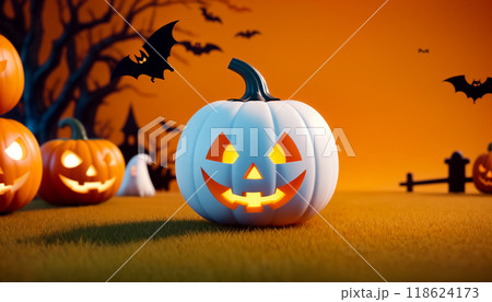 Halloween themed card with an orange pumpkin with a cut out face lit up from the inside by a lantern 118624173