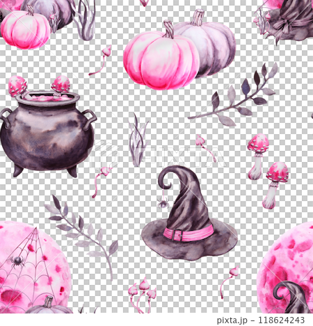 Seamless pattern for Halloween. Hand-drawn with watercolor. Drawn attributes of a magical sabbath: witch hat, pumpkins, poisonous mushrooms, cauldron with potion, spider on web, full moon. Background 118624243