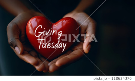 Diverse hands holding red heart with text 118624370