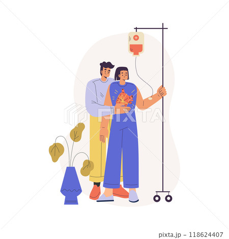 Organ Donation with Man Donor Character Donating Blood to Woman Vector Illustration Organ Donation with Man Donor Character Donating Blood to Woman Vector Illustration 118624407