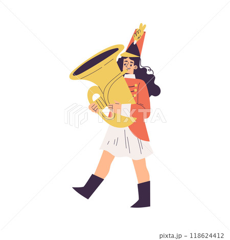 Orchestra with Marching Woman Character in Red Uniform with Trombone Vector Illustration Orchestra with Marching Woman Character in Red Uniform with Trombone Vector Illustration 118624412