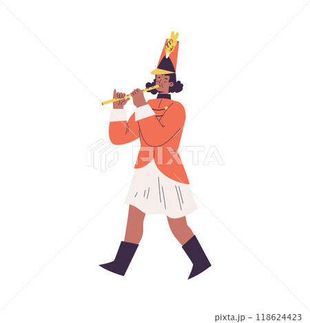 Orchestra with Marching Woman Character in Red Uniform with Flute Vector Illustration 118624423