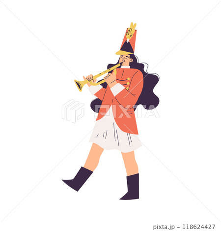 Orchestra with Marching Woman Character in Red Uniform with Trumpet Vector Illustration Orchestra with Marching Woman Character in Red Uniform with Trumpet Vector Illustration 118624427