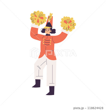 Orchestra with Marching Woman Character in Red Uniform with Plates Vector Illustration 118624428