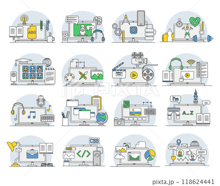 Online Professions with Learning Platform and Computer Interface Display Line Vector Set 118624441