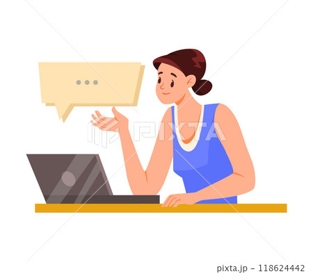 Online Communication with Woman Character with Laptop Chatting Vector Illustration 118624442