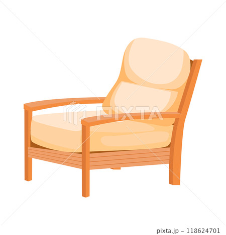 Wooden cosy armchair in flat design. Outdoor chair with soft pillows. Vector illustration isolated. 118624701