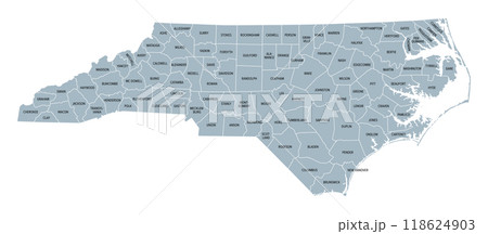 North Carolina counties, gray political map with borders and county names. State in the Southeastern region of United States subdivided into 100 counties. Nicknamed Tar Heel State and Old North State. 118624903
