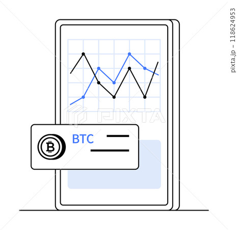 Mobile phone screen showing Bitcoin BTC market graph with trends. Ideal for cryptocurrency trading, market analysis, financial tech, mobile applications, real-time data monitoring. Simple, clean 118624953