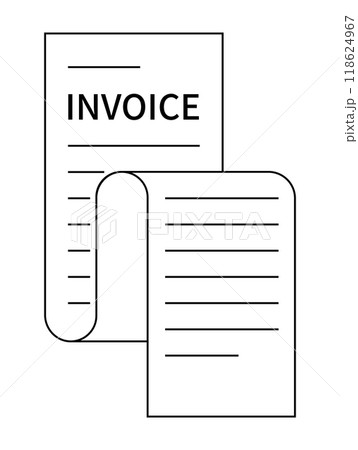 A black and white drawing of an invoice document with a detailed list of items. Ideal for finance, business, accounting, billing processes, and organizational materials. Minimalistic line art style 118624967