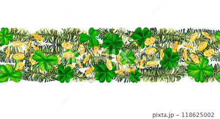 Seamless border with green fir branches, lucky shamrock leaves, gold coins. Watercolor illustration for New Year, St. Patrick's Day. Template for invitation, scrapbook, card, sticker, ribbons 118625002