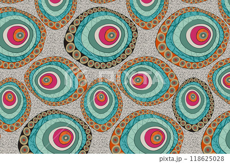 African Wax Print fabric, Ethnic handmade ornament for your design, Afro Ethnic flowers and tribal motifs geometric circle elements. Vector texture, Africa Ankara textile fashion style background African Wax Print fabric, Ethnic handmade ornament for your design, Afro Ethnic flowers and tribal motifs geometric circle elements. Vector texture, Africa Ankara textile fashion style background 118625028