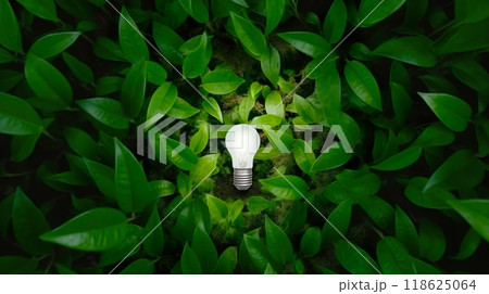 A light bulb surrounded by vibrant green leaves on a dark background 118625064