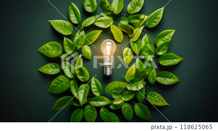 A light bulb surrounded by vibrant green leaves on a dark background 118625065