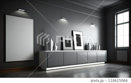 Dark room with grey wall apartment interior with scandinavian style wooden furniture and designer sideboard decorations 118625066