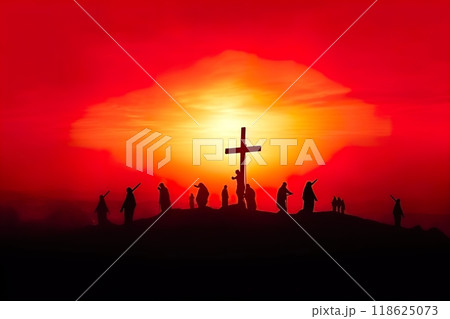 A group of people is gathered standing around a cross at sunset time 118625073