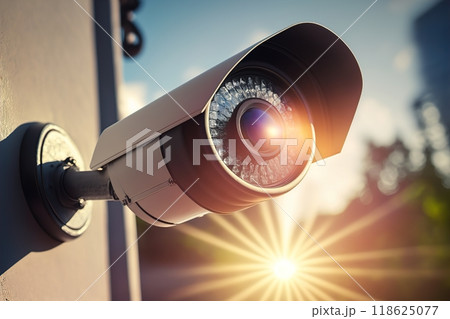 A security camera is mounted on a building for surveillance 118625077
