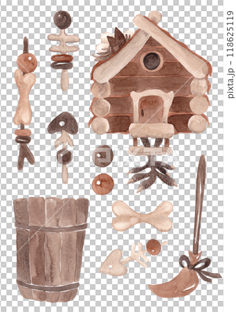 Magical items. Witchcraft and esotericism. Witch entourage set. Watercolor isolated illustrations for Halloween Magical items. Witchcraft and esotericism. Witch entourage set. Watercolor isolated illustrations for Halloween 118625119