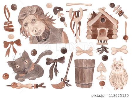 Magic items. Witchcraft and esotericism. Old witch with a hut, owl, cat and mortar. Set of witch accessories. Large set. Watercolor isolated illustrations for Halloween. Coffee tones 118625120
